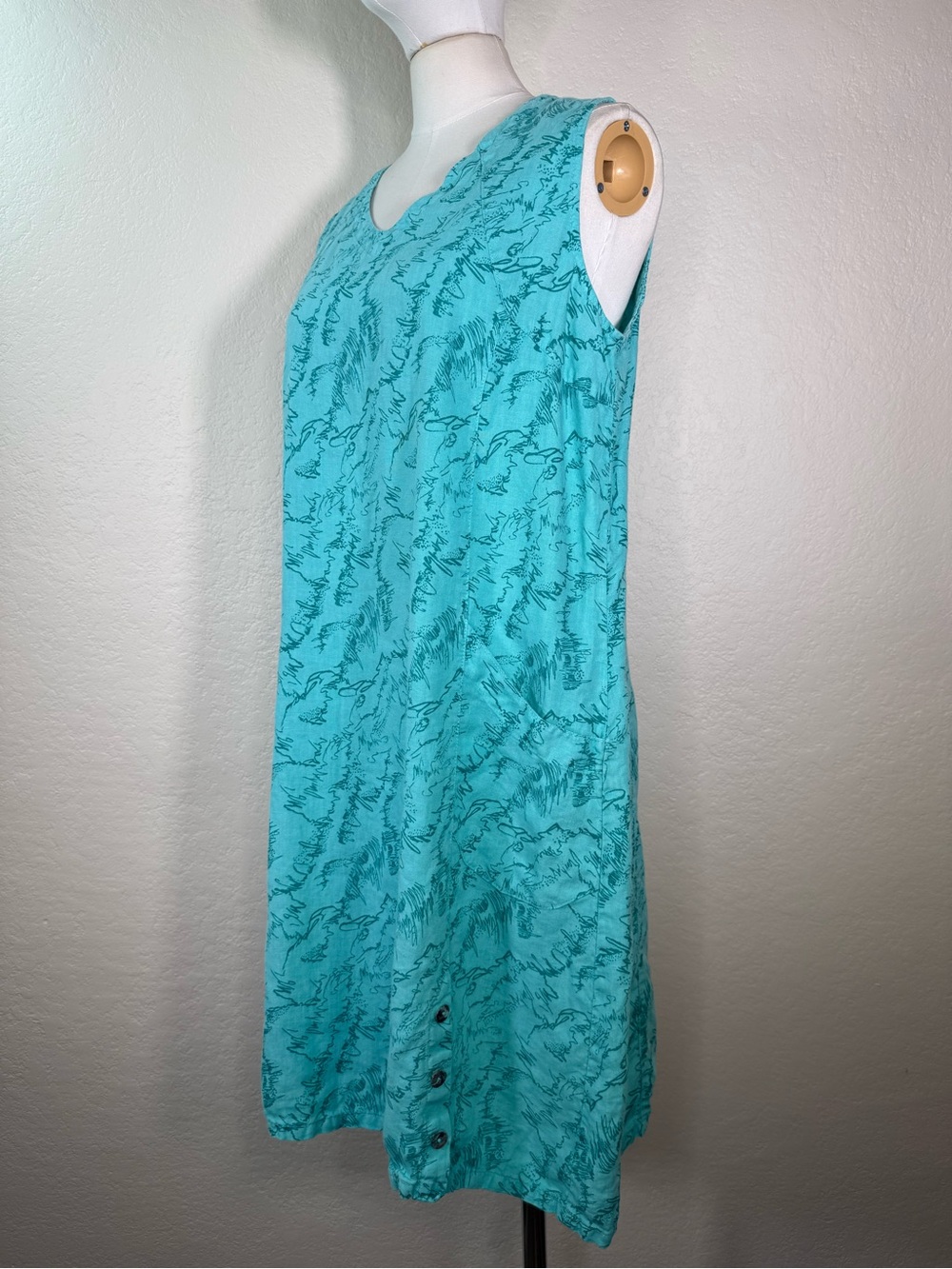 Click - Color Me Cotton Aqua 100% Linen Abstract Print Shift Dress LARGE EUC